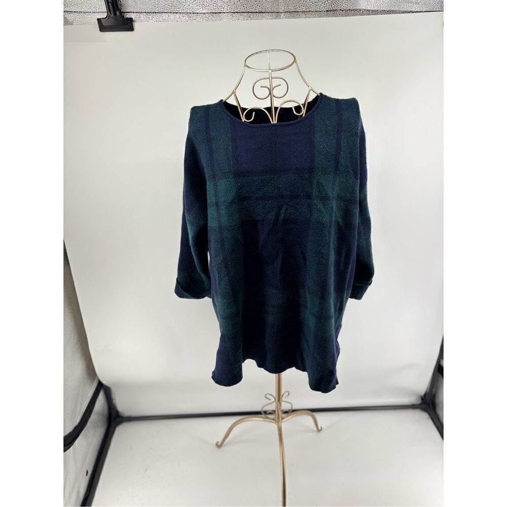 Tahari Plaid Knit Sweater Womens 1X Blue Green Crewneck Long Sleeve Top